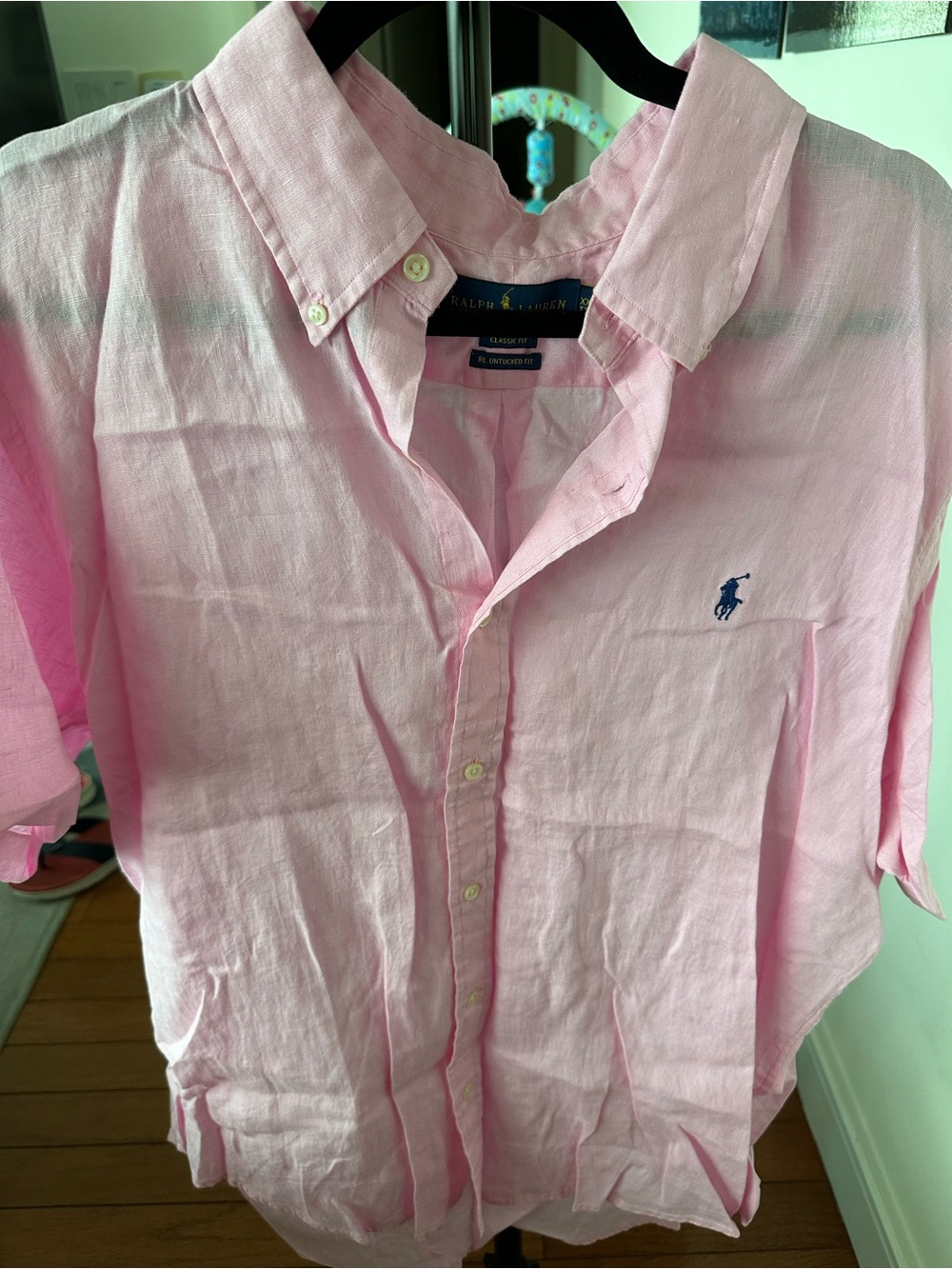 Ralph Lauren Pink Button-Down Linen Shirt with Navy Pony